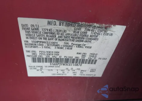 2012 Ford Taurus Limited z USA, uszkodzony, nr VIN 1FAHP2FWXCG110870